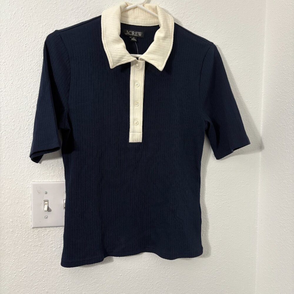 J.Crew Premium Rib Short-Sleeve Polo Shirt Navy Cotton Blend New Size Medium - Picture 2 of 7